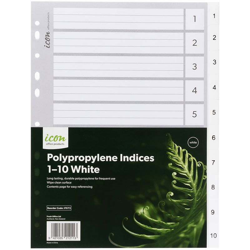 Icon A4 Polypropylene Indices White - 10 Tabs