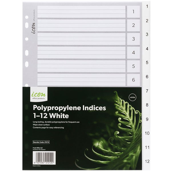 Icon A4 Polypropylene Indices White - 12 Tabs