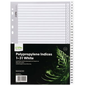 Icon A4 Polypropylene Indices White - 31 Tabs