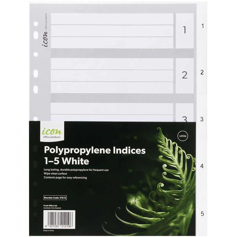 Icon A4 Polypropylene Indices White - 5 Tabs