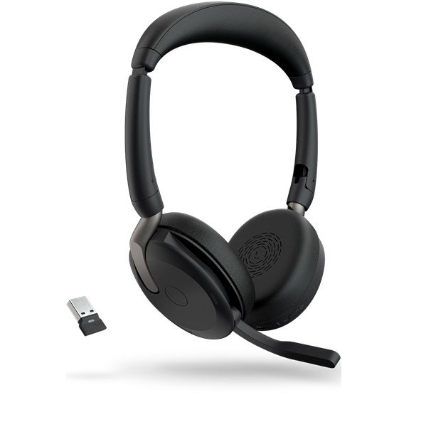 Jabra Evolve2 65 Flex MS USB Bluetooth On-Ear Wireless Stereo Headset with Noise Cancelling, USB-A Dongle and Charging Stand