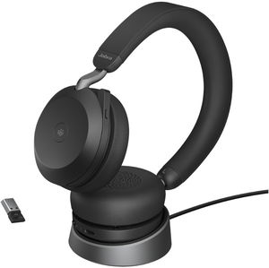 Jabra Evolve2 75 Bluetooth Overhead Wireless Stereo Headset with Noise Cancelling, USB-A Dongle and Charging Stand - Black, Certified for MS Teams