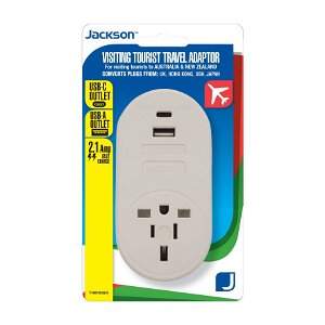 Jackson Inbound Travel Adaptor with 1 USB-A and 1 USB-C port for Converting USA, Japan, UK & Hong Kong Plugs to NZ & Australia
