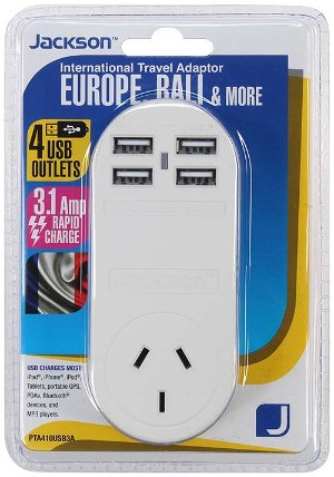 Jackson Outbound Travel Adaptor for Europe & Bali with 4x USB 3.1A Charging Ports