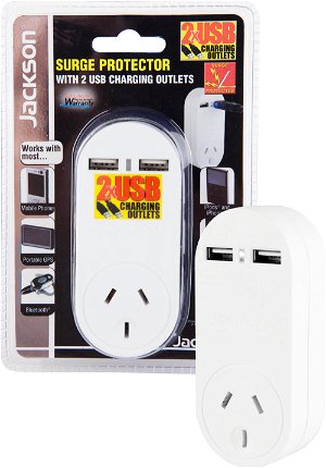 Jackson Single Surge Power Plug with 2 x USB Charging Outlets