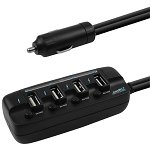 Mbeat MB-USBC480 40W 4-Port USB Rapid Car Charger with On/Off Switches and Extension Cord