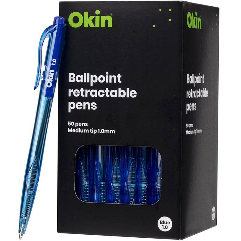 Okin 1.0mm Ballpoint Retractable Pens Blue - 50 Pack