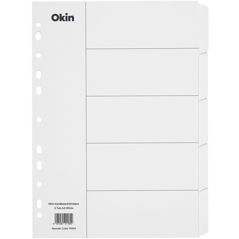 Okin A4 Cardboard Dividers White - 5 Tabs
