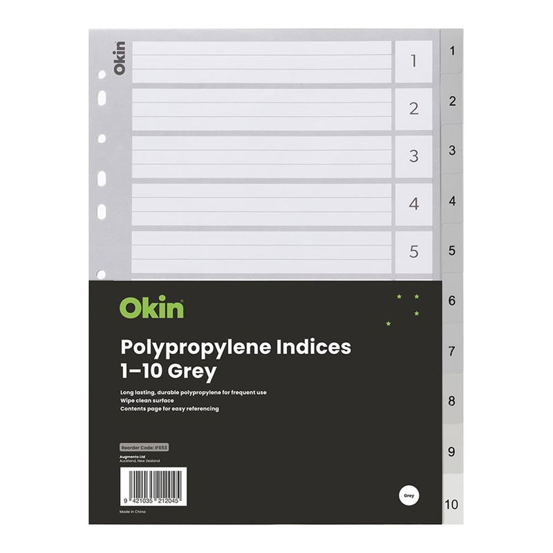 Okin A4 Polypropylene Indices Grey - 10 Tabs