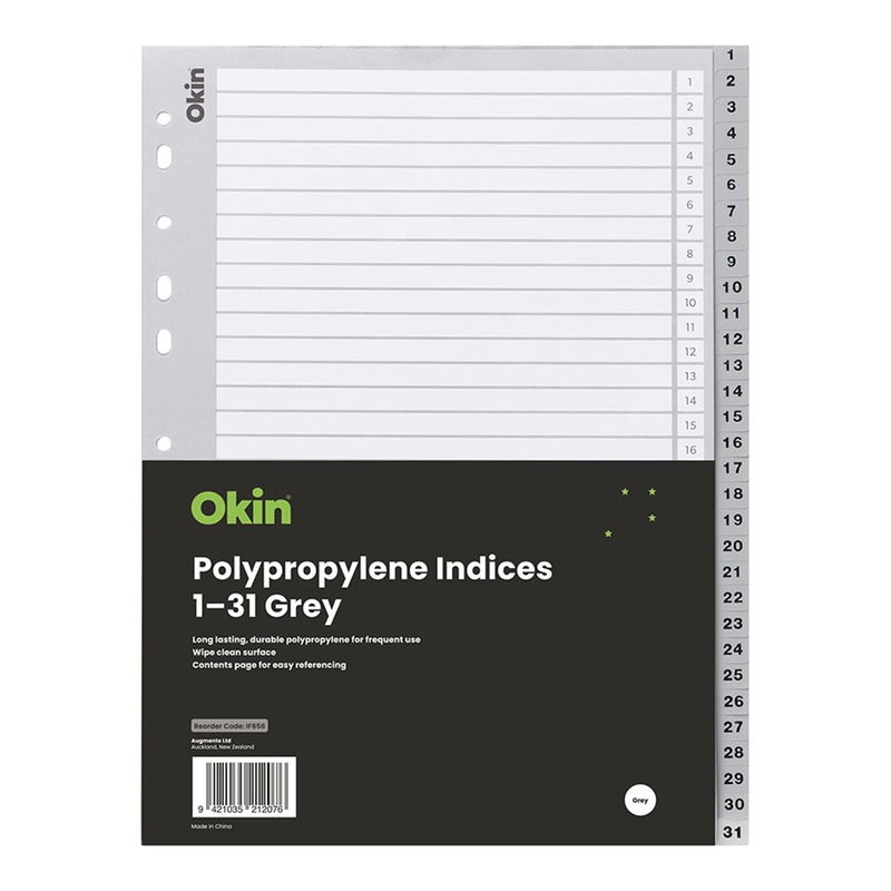 Okin A4 Polypropylene Indices Grey - 31 Tabs