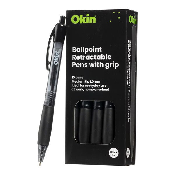 Okin Black Retractable Ballpoint Pen with Grip