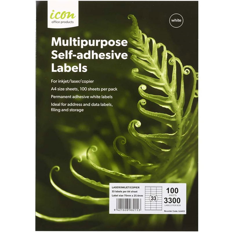 Icon 70 x 25.4mm Multipurpose Self-Adhesive White Labels - 100 Pack