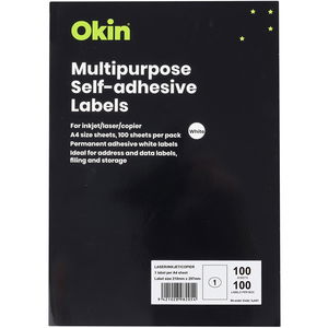 Okin 210 x 297mm Multipurpose Self-Adhesive White Labels - 100 Pack