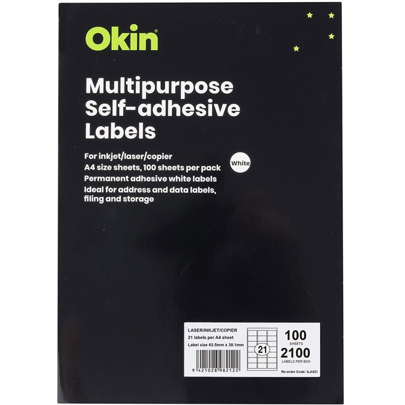 Okin 63.5 x 38.1mm Multipurpose Self-Adhesive White Labels - 2100 Pack