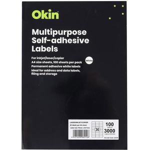 Okin 70 x 29.7mm Multipurpose Self-Adhesive White Labels - 3000 Pack