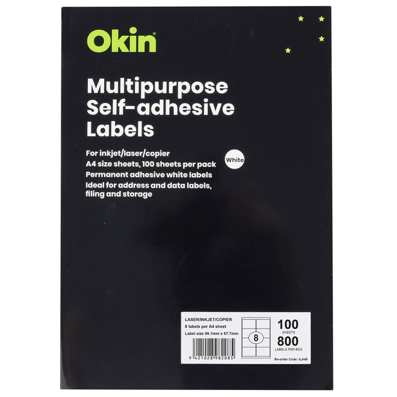 Okin 99.1 x 67.7mm Multipurpose Self-Adhesive White Labels - 800 Pack