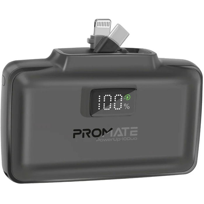 Promate PowerUp-10Duo 10000mAh Built-in USB-C & Lightning Power Bank - Black