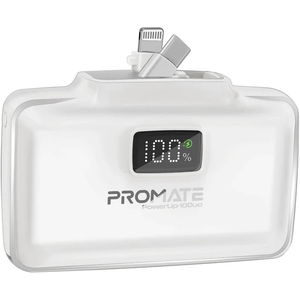 Promate PowerUp-10Duo 10000mAh Built-in USB-C & Lightning Power Bank - White