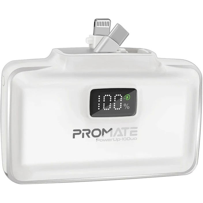 Promate PowerUp-10Duo 10000mAh Built-in USB-C & Lightning Power Bank - White