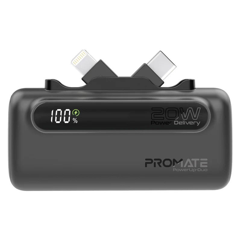 Promate PowerUp-Duo 5000mAh Built-in USB-C and Lightning Power Bank - Black