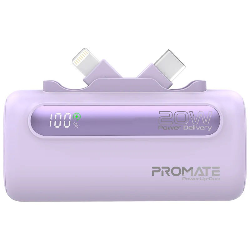 Promate PowerUp-Duo 5000mAh Built-in USB-C and Lightning Power Bank - Purple