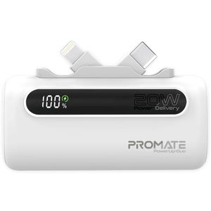 Promate PowerUp-Duo 5000mAh Built-in USB-C and Lightning Power Bank - White