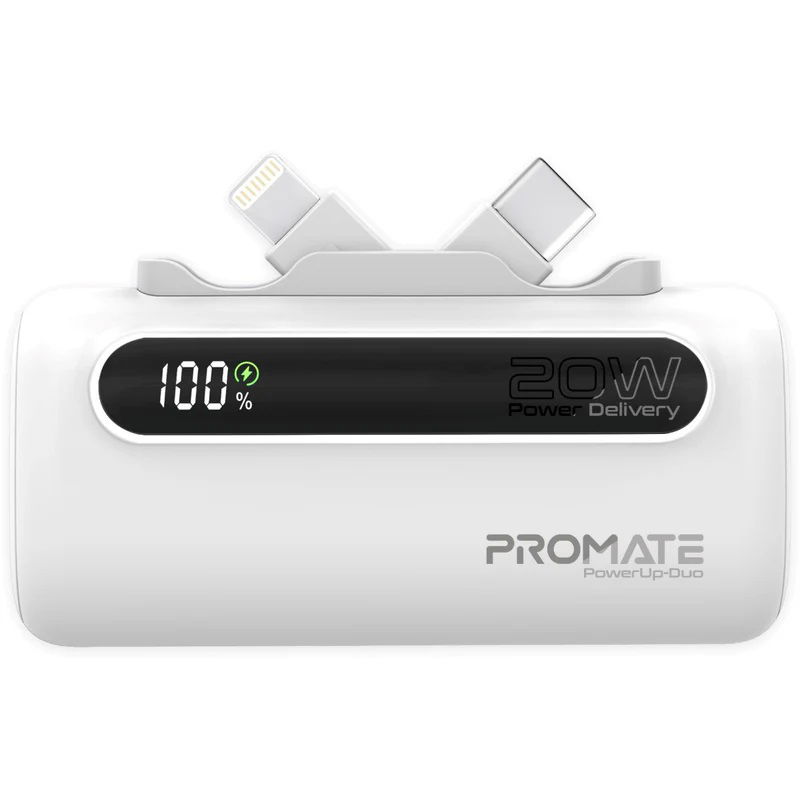 Promate PowerUp-Duo 5000mAh Built-in USB-C and Lightning Power Bank - White
