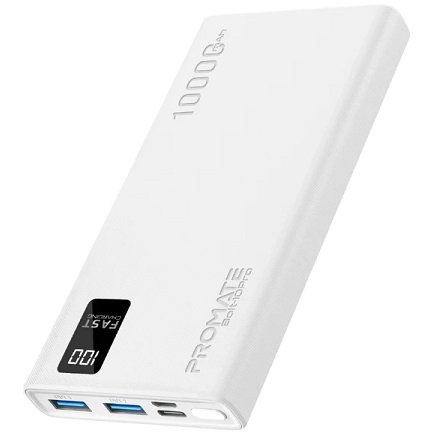 Promate Bolt-10Pro 10000mAh USB-A & USB-C Power Bank - White