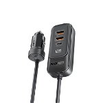 Promate GearHub-120W In-Car Device Charger with Backseat 3 Port Charging Hub - Black