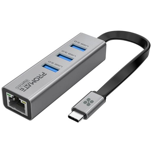 Promate GigaHub-C Multi-Port USB-C Hub with Ethernet Adapter - Grey