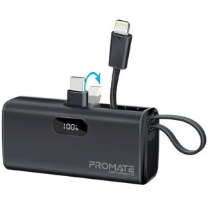 Promate NanoPack-5 5000mAh USB-C Power Bank with Built-in Lightning Cable - Black