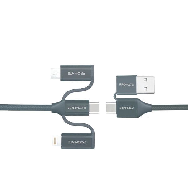 Promate PentaPower 1.2m 6-in-1 Hybrid Multi-Connector cable for Charging & Data Transfer - Grey