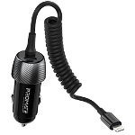 Promate PowerDrive-33PDI 33W Car Charger with Lightning Cable and USB-A Port - Black
