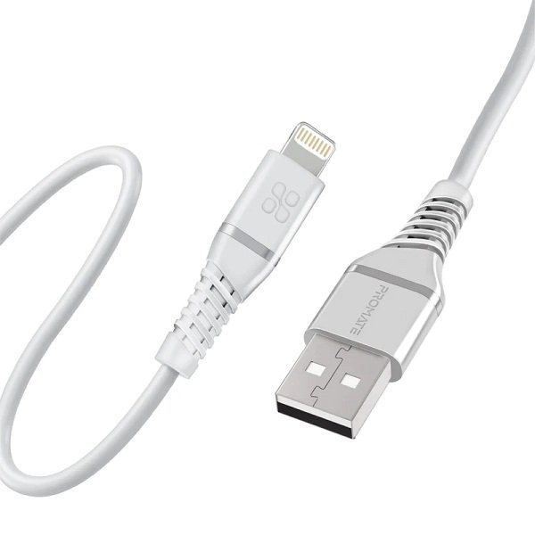 Promate PowerLine-Ai120 1.2m 480Mbps USB-A to Lightning Silicon Charge and Sync Cable - White