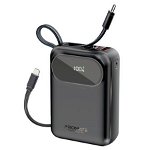 Promate PowerPod-20 20000mAh 35W USB-C & USB-A Ultra Compact Power Bank with Built-in USB-C & Lightning Cables - Black