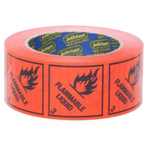 Sellotape 48mm x 50m Flammable Liquid 3 Rippable Label Tape Black/Orange - 1000 Labels