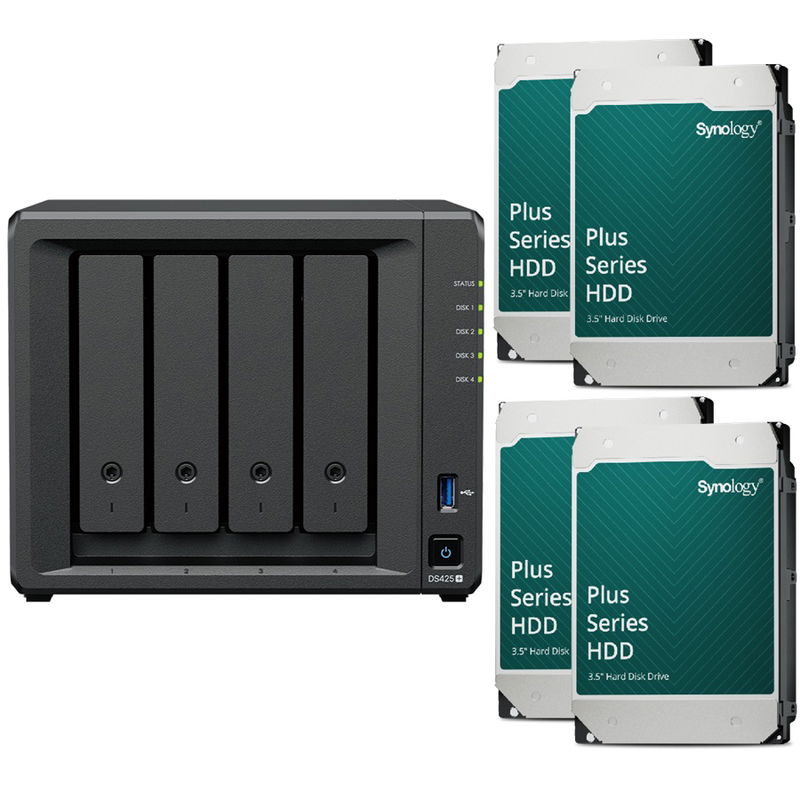 Synology DiskStation DS425+ 4 Bay 2GB RAM Tower NAS with 4 x 16TB Synology Plus Series Drives