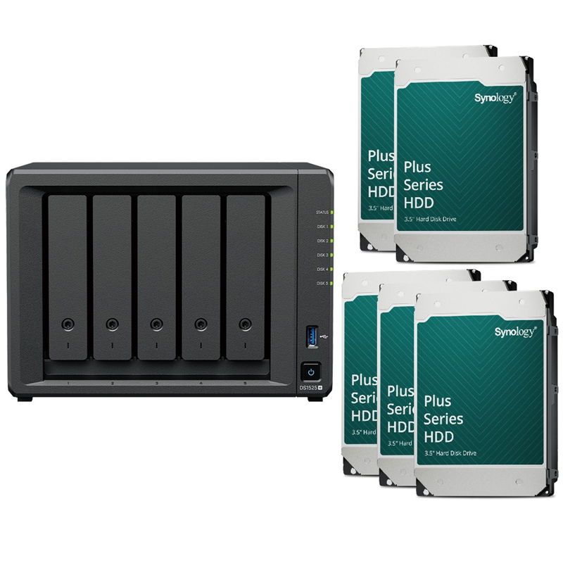 Synology DiskStation DS1525+ 5 Bay 8GB RAM Tower NAS with 5 x 16TB Synology Plus Series Drives