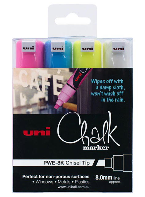 Uni Chalk Marker 8.0mm Chisel Tip Marker - 4 Pack