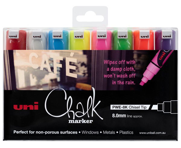 Uni Chalk Marker 8.0mm Chisel Tip Marker - 8 Pack