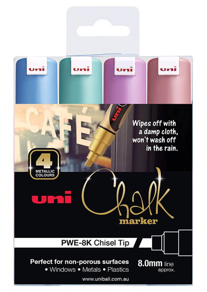 Uni Chalk Marker 8.0mm Metallic Chisel Tip Marker - 4 Pack