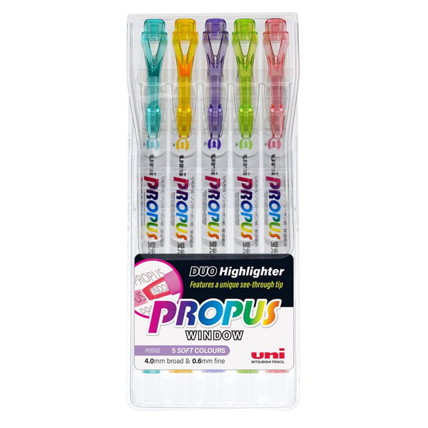 Uni Propus Window 4.0mm/0.6mm Dual Highlighter - Pastel 5 Pack