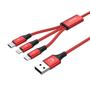 Unitek 1.2m 3-in-1 Micro USB, Lightning & USB-C Charge & Sync Cable - Red