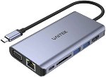 UNITEK D1019B 8-in-1 Multi-Port Hub with USB-C Connector, USB-A Ports, HDMI Port, VGA Port, RJ45 Gig Ethernet Port and SD Card Slot