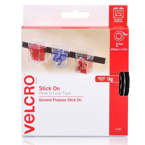 Velcro 25mm x 2.5m Stick On Hook & Loop Tape - Black