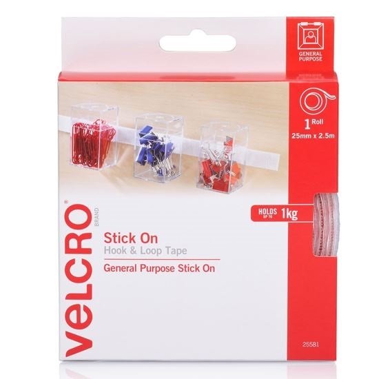 Velcro 25mm x 2.5m Stick On Hook & Loop Tape - White