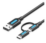 Vention 2M USB-A Male to 2-in-1 Micro USB-B and USB-C Male 3A Cable - Black