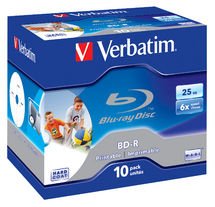 Verbatim BD-R 6X 25GB Single Layer Inkjet Printable Blu-Ray Discs - 10 Pack with Jewel Case