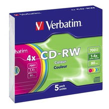 view Verbatim CD-RW 1X-4X 700MB Assorted Colours Branded Surface CD Discs - 5 Pack with Slim Case