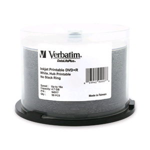 Verbatim DataLifePlus DVD+R 16X 4.7GB White Inkjet Hub Printable DVD Discs - 50 Pack